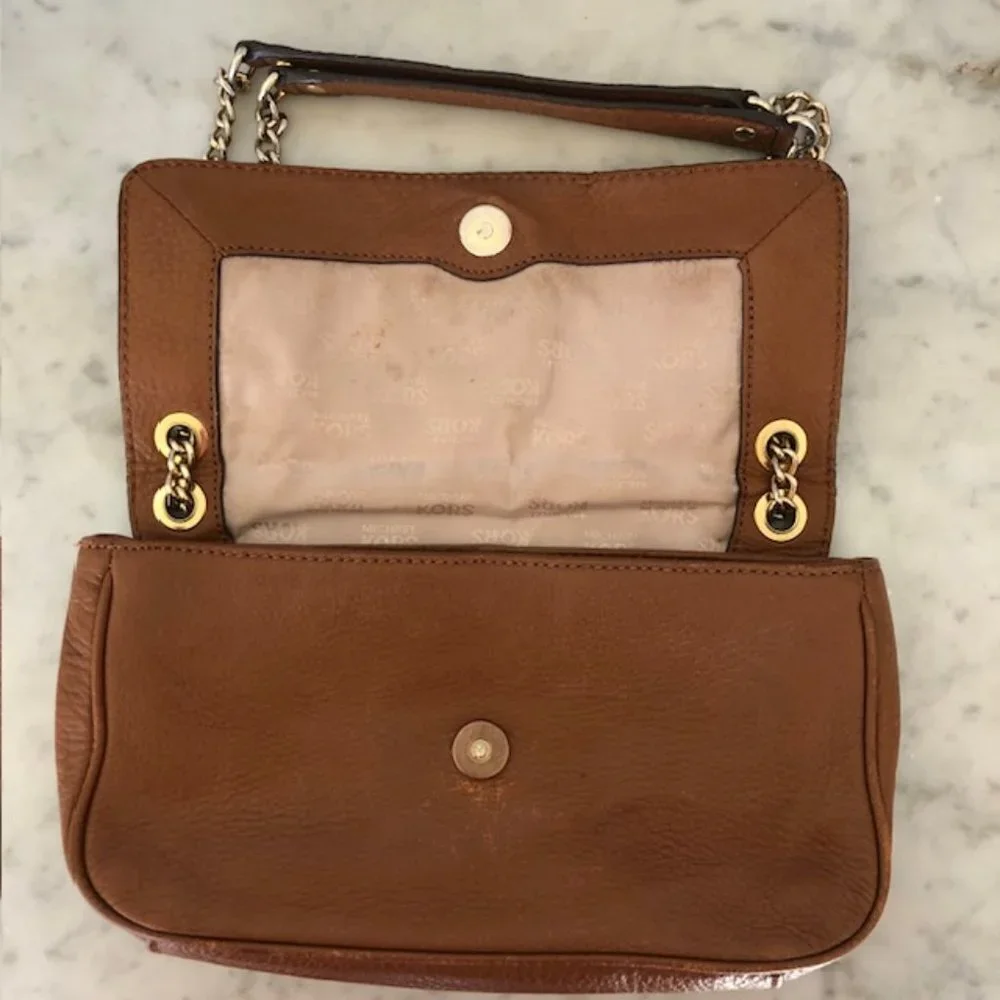 MICHAEL KORS Fulton Small Brown Gold Chain Shoulder Flap Bag